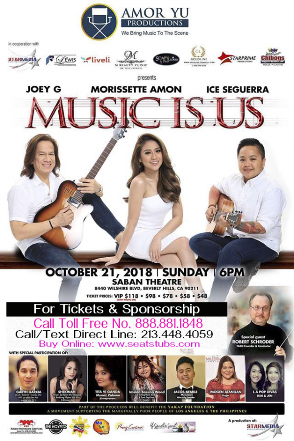 Music Is Us Aiza Seguerra, Morissette Amon, Joey G, Saban Theater, Beverly Hills, California Amor Yu Productions, Ticket Online Buy Tickets, October 21, 2018
